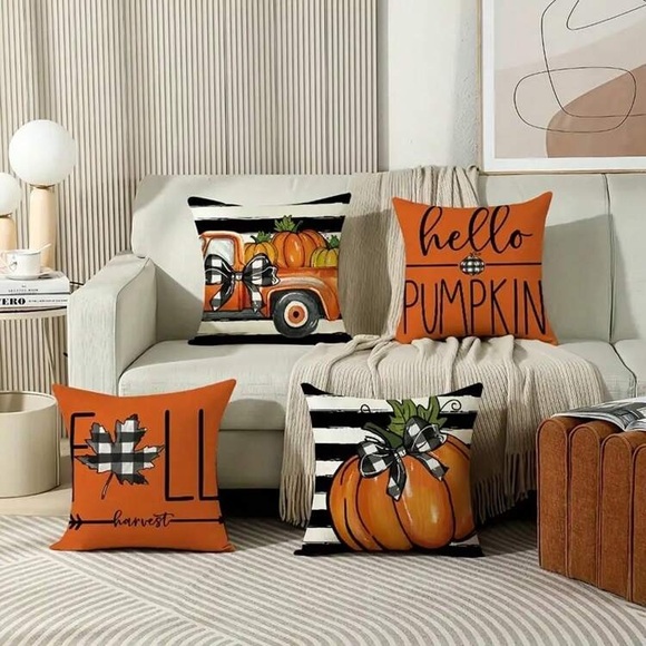 HP-NWT Set of 4-Super Soft-Orange& Black & White Stripe-Fall Pillow Covers 18x18 - Picture 2 of 3